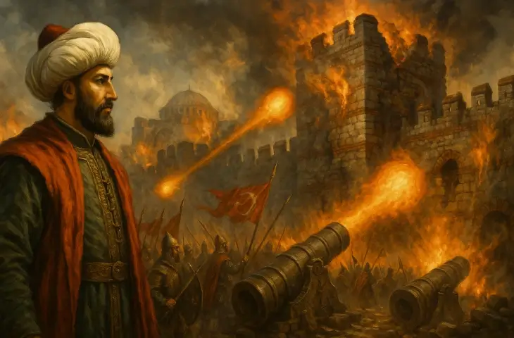 1453 kuşatmasında Osmanlı toplarının surlara yoğun ateş açtığı anı izleyen Fatih Sultan Mehmet’in canlandırması; Şahi toplarının etkisi.